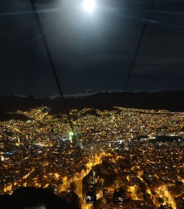 View over La Paz from a cable car at night