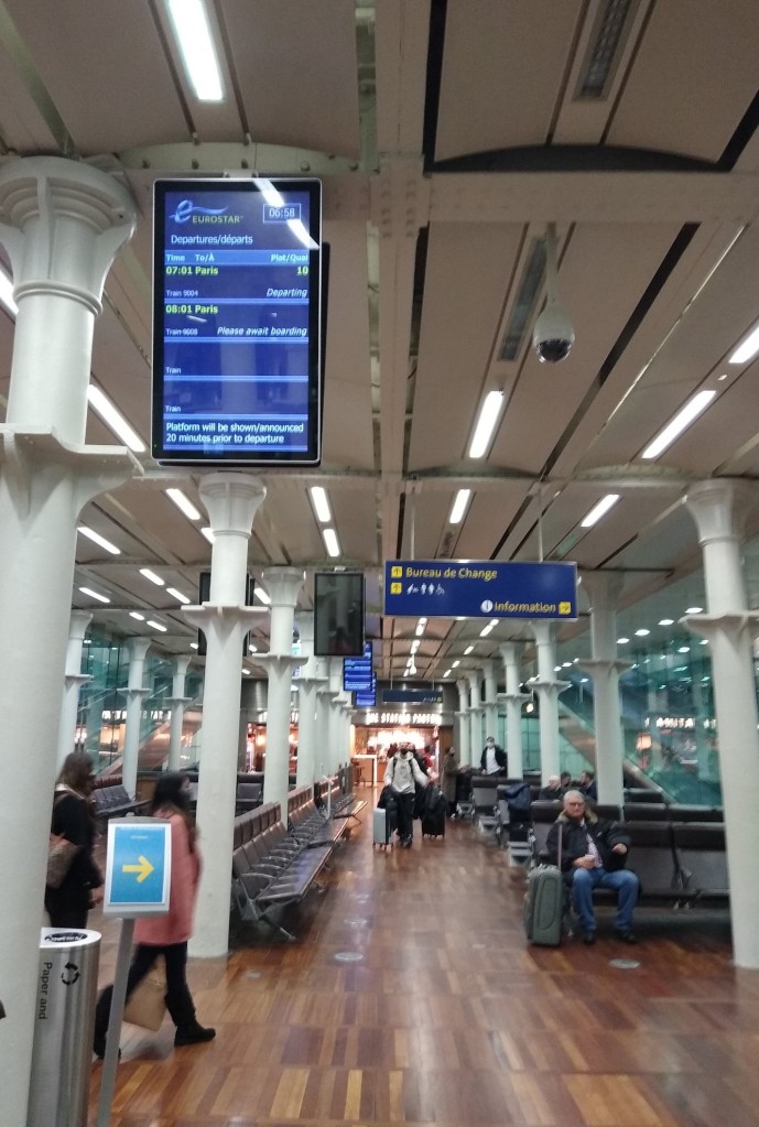 Iron columns and wood floors in Eurostar's waiting areas in London's St Pancras