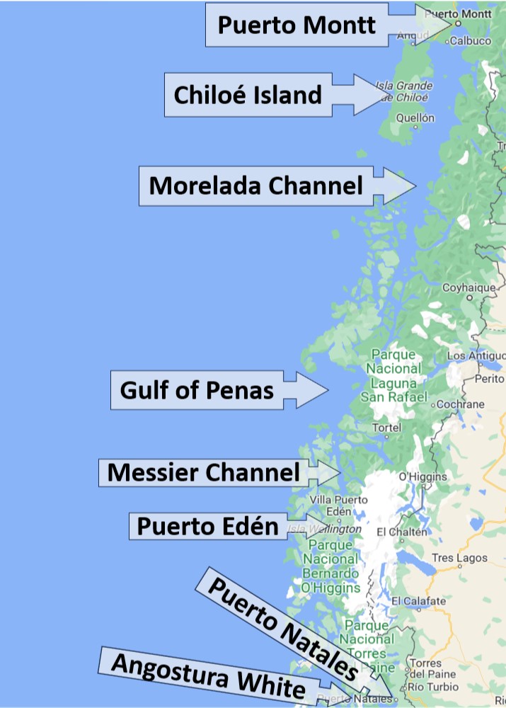 Map of the Navimag ferry between Puerto Montt and Puerto Natales